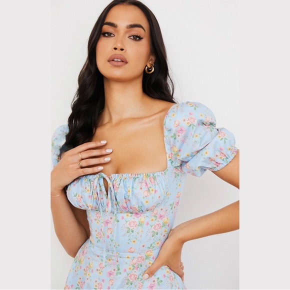 HOUSE OF CB TALLULAH BLUE VINTAGE FLORAL PUFF SLEEVE MIDI DRESS (Size XS) - Picture 3 of 12